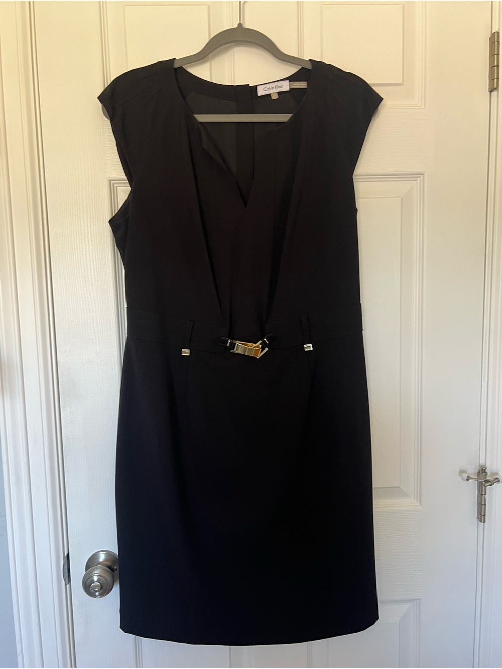 Calvin Klein Black Midi Sheath Dress with Gold Waist Buckle